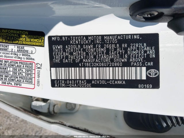 2006 Toyota Camry Le მანქანა იყიდება აუქციონზე, vin: 4T1BE32K06U720860, აუქციონის ნომერი: 46016574