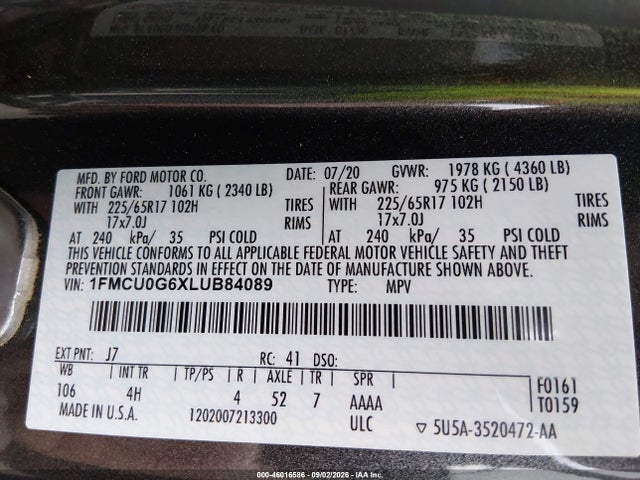 Ford ESCAPE SE 2020 1FMCU0G6XLUB84089 Image 9
