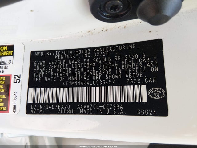 Aukcja sprzedaży 2020 Toyota Camry Se, vin: 4T1M11AK4LU936457, numer aukcji: 46016597