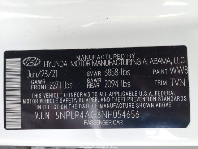 46016600 :رقم المزاد ، 5NPLP4AG3NH054656 vin ، 2022 Hyundai Elantra Limited مزاد بيع
