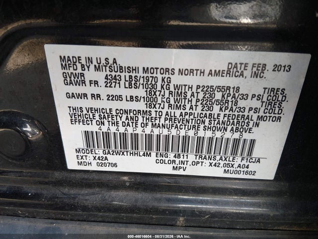 Aukcja sprzedaży 2013 Mitsubishi Outlander Sport Se, vin: 4A4AP4AU5DE015278, numer aukcji: 46016604