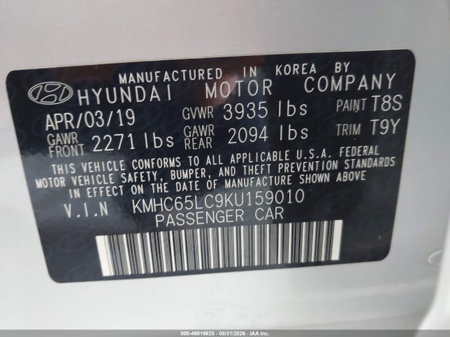 Aukcja sprzedaży 2019 Hyundai Ioniq Hybrid Blue, vin: KMHC65LC9KU159010, numer aukcji: 46016625