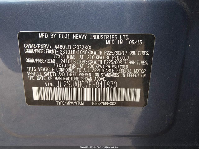 Aukcja sprzedaży 2015 Subaru Forester 2.5i Limited, vin: JF2SJAHC7FH841870, numer aukcji: 46016632