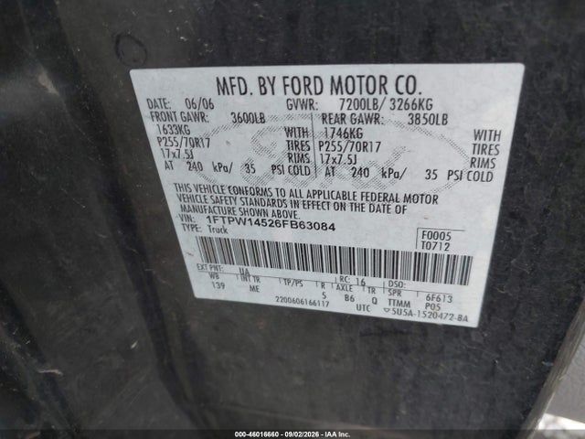 Продаж на аукціоні авто 2006 Ford F-150 Fx4/lariat/xlt, vin: 1FTPW14526FB63084, номер лоту: 46016660