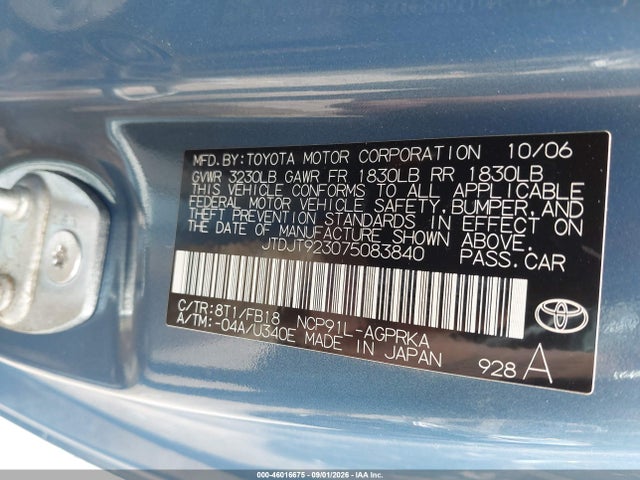 Aukcja sprzedaży 2007 Toyota Yaris, vin: JTDJT923075083840, numer aukcji: 46016675