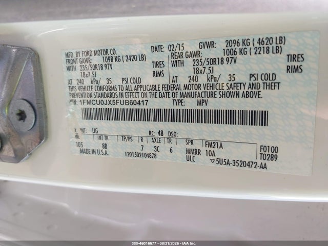 Продаж на аукціоні авто 2015 Ford Escape Titanium, vin: 1FMCU0JX5FUB60417, номер лоту: 46016677