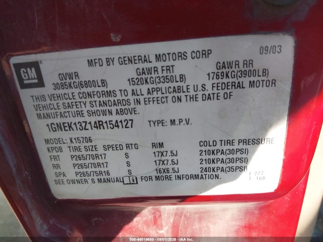 Aukcja sprzedaży 2004 Chevrolet Tahoe Z71, vin: 1GNEK13Z14R154127, numer aukcji: 46016680