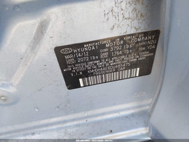 2013 Hyundai Elantra Gls მანქანა იყიდება აუქციონზე, vin: KMHDH4AE6DU485475, აუქციონის ნომერი: 46016681