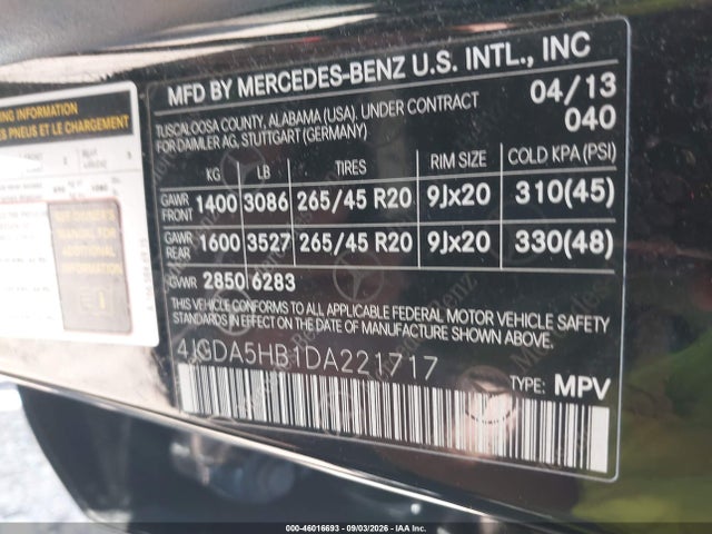2013 Mercedes-benz Ml 350 4matic მანქანა იყიდება აუქციონზე, vin: 4JGDA5HB1DA221717, აუქციონის ნომერი: 46016693