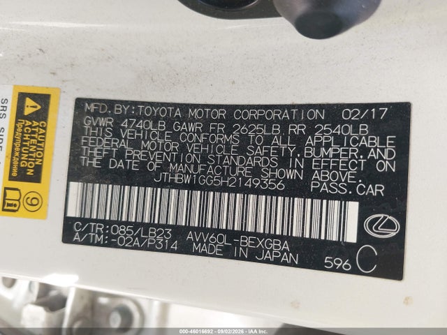 46016692 :رقم المزاد ، JTHBW1GG5H2149356 vin ، 2017 Lexus Es 300h مزاد بيع
