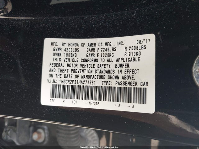 2017 Honda Accord Lx მანქანა იყიდება აუქციონზე, vin: 1HGCR2F31HA271981, აუქციონის ნომერი: 46016700
