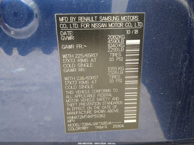 Продажа на аукционе авто 2019 Nissan Rogue Sv, vin: KNMAT2MT4KP511362, номер лота: 46016708
