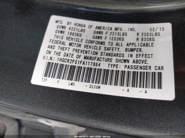 46016711 :رقم المزاد ، 1HGCR2F51FA117964 vin ، 2015 Honda Accord Sport مزاد بيع