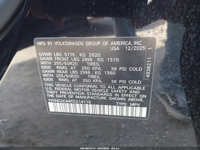 2026 Volkswagen Atlas Cross Sport Se With Technology მანქანა იყიდება აუქციონზე, vin: 1V2HC2CA6TC214115, აუქციონის ნომერი: 46016718