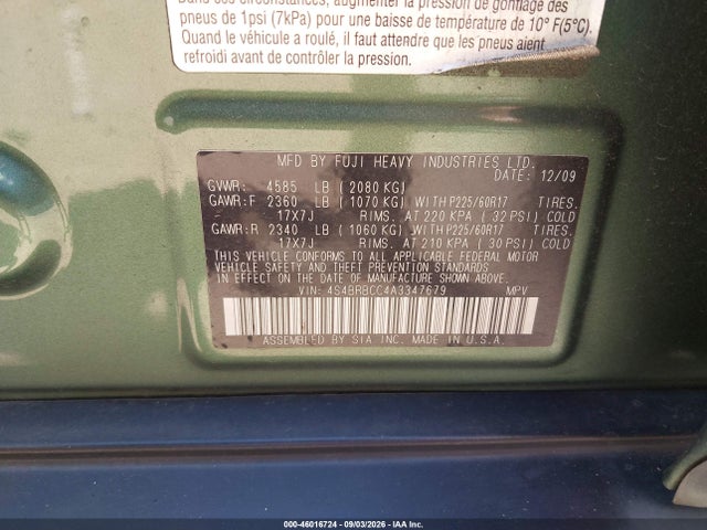46016724 :رقم المزاد ، 4S4BRBCC4A3347679 vin ، 2010 Subaru Outback 2.5i Premium مزاد بيع
