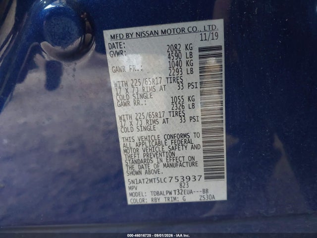 Aukcja sprzedaży 2020 Nissan Rogue S Fwd, vin: 5N1AT2MT5LC753937, numer aukcji: 46016725