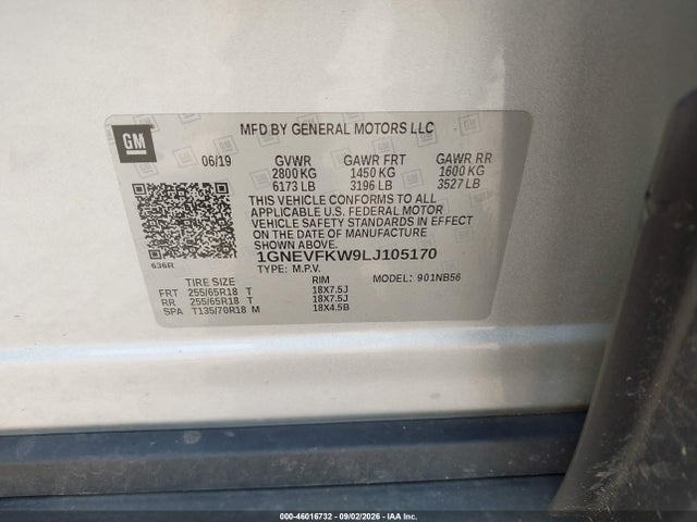 46016732 :رقم المزاد ، 1GNEVFKW9LJ105170 vin ، 2020 Chevrolet Traverse Awd Ls مزاد بيع