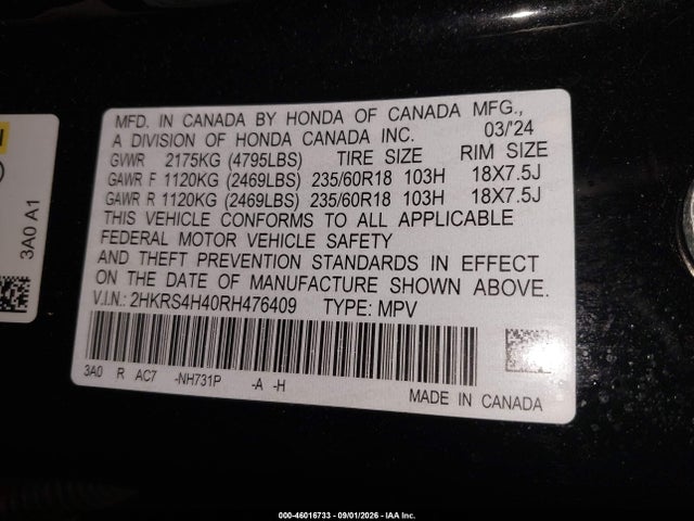46016733 :رقم المزاد ، 2HKRS4H40RH476409 vin ، 2024 Honda Cr-v Ex Awd مزاد بيع