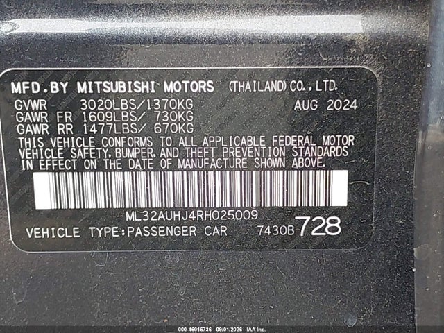 Aukcja sprzedaży 2024 Mitsubishi Mirage Es/le, vin: ML32AUHJ4RH025009, numer aukcji: 46016736