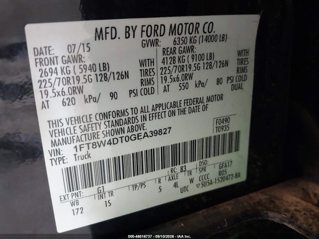46016737 :رقم المزاد ، 1FT8W4DT0GEA39827 vin ، 2016 Ford F-450 Xl مزاد بيع