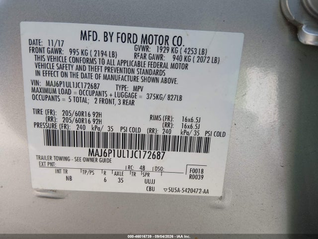 2018 Ford Ecosport Se მანქანა იყიდება აუქციონზე, vin: MAJ6P1UL1JC172687, აუქციონის ნომერი: 46016739