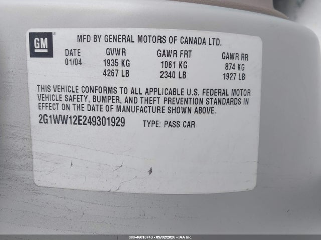 Продаж на аукціоні авто 2004 Chevrolet Monte Carlo Ls, vin: 2G1WW12E249301929, номер лоту: 46016743