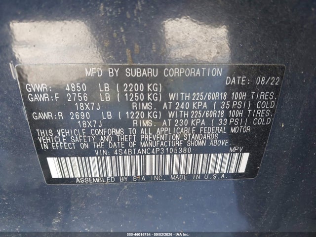 46016754 :رقم المزاد ، 4S4BTANC4P3105380 vin ، 2023 Subaru Outback Limited مزاد بيع