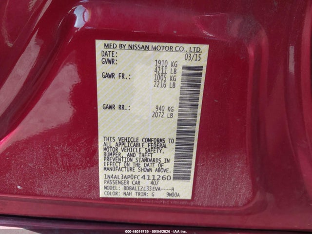 Продажа на аукционе авто 2015 Nissan Altima 2.5 Sv, vin: 1N4AL3AP0FC411260, номер лота: 46016759