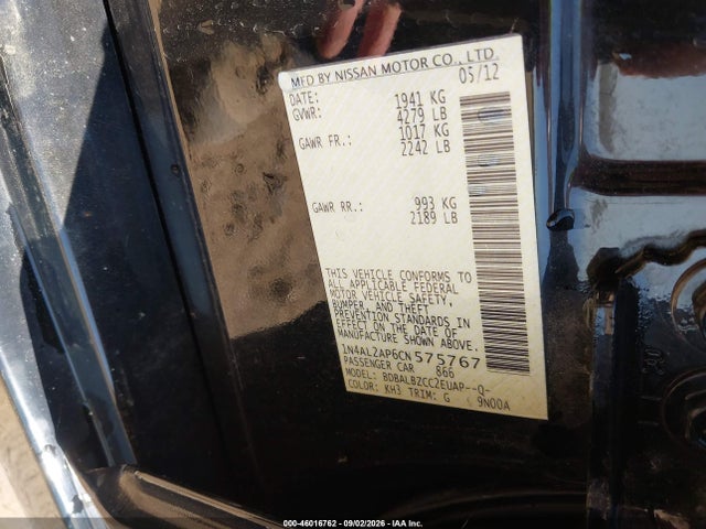 Продажа на аукционе авто 2012 Nissan Altima 2.5 S, vin: 1N4AL2AP6CN575767, номер лота: 46016762
