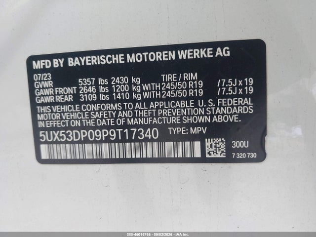 Aukcja sprzedaży 2023 Bmw X3 Xdrive30i, vin: 5UX53DP09P9T17340, numer aukcji: 46016766