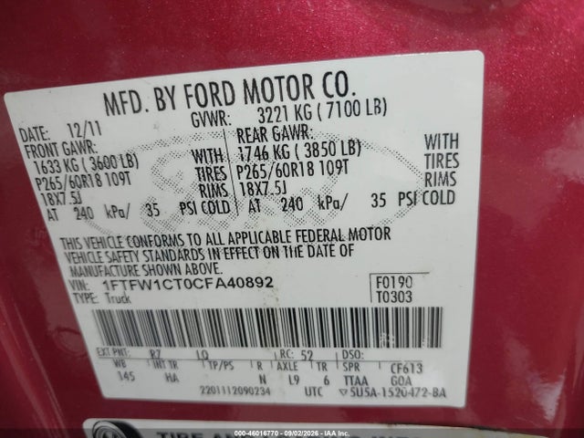 Продажа на аукционе авто 2012 Ford F-150 Lariat, vin: 1FTFW1CT0CFA40892, номер лота: 46016770