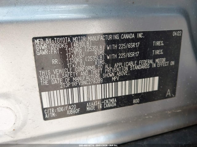 Продажа на аукционе авто 2022 Toyota Rav4 Xle, vin: 2T3P1RFV9NC278399, номер лота: 46016774