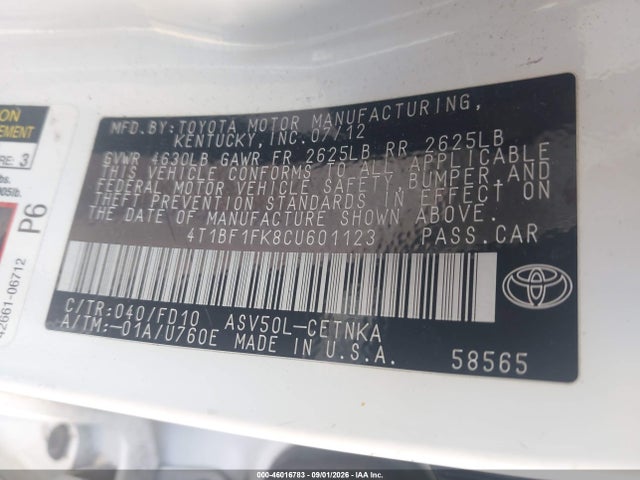 46016783 :رقم المزاد ، 4T1BF1FK8CU601123 vin ، 2012 Toyota Camry Le مزاد بيع