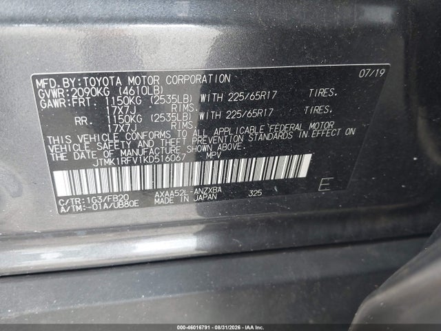 46016791 :رقم المزاد ، JTMK1RFV1KD516067 vin ، 2019 Toyota Rav4 Le مزاد بيع
