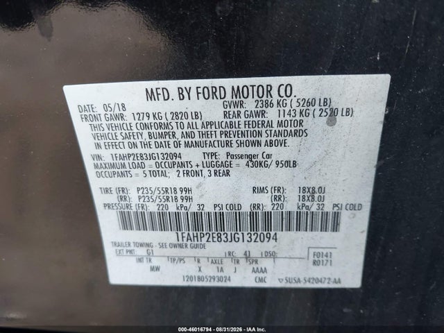 2018 Ford Taurus Sel მანქანა იყიდება აუქციონზე, vin: 1FAHP2E83JG132094, აუქციონის ნომერი: 46016794