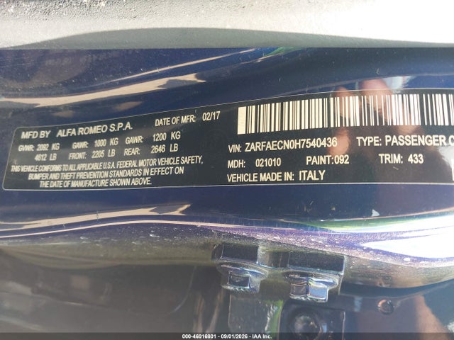 Продажа на аукционе авто 2017 Alfa Romeo Giulia Ti Rwd, vin: ZARFAECN0H7540436, номер лота: 46016801