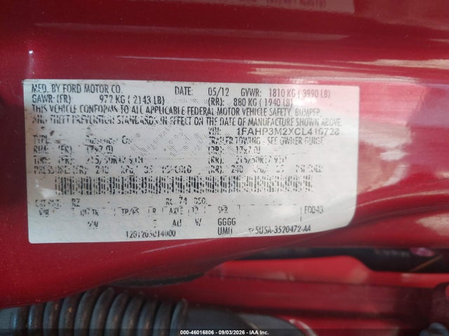Aukcja sprzedaży 2012 Ford Focus Sel, vin: 1FAHP3M2XCL410728, numer aukcji: 46016806