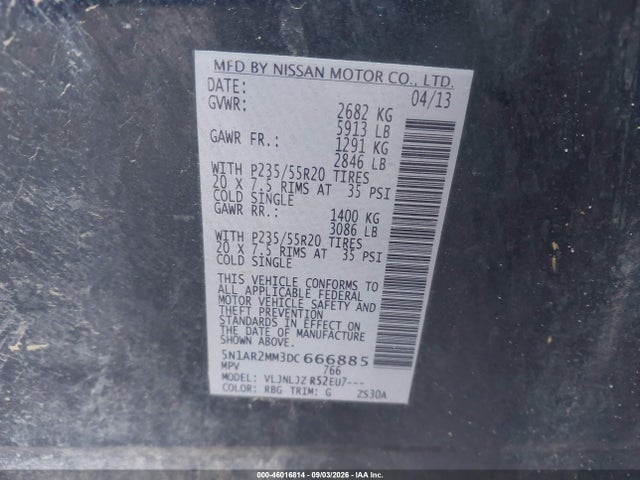 Продажа на аукционе авто 2013 Nissan Pathfinder Platinum, vin: 5N1AR2MM3DC666885, номер лота: 46016814