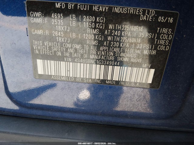 46016817 :رقم المزاد ، 4S4BSBNC1G3349044 vin ، 2016 Subaru Outback 2.5i Limited مزاد بيع