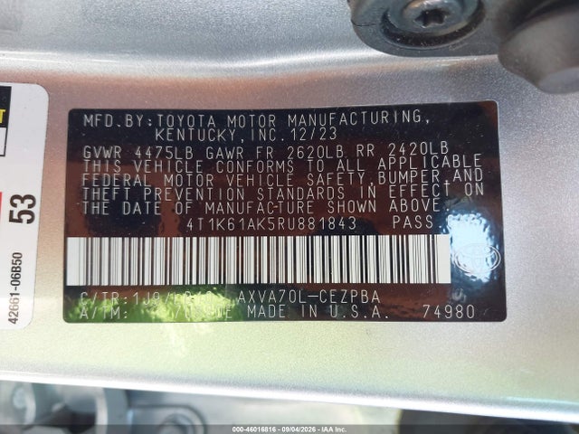 Продажа на аукционе авто 2024 Toyota Camry Xse, vin: 4T1K61AK5RU881843, номер лота: 46016816