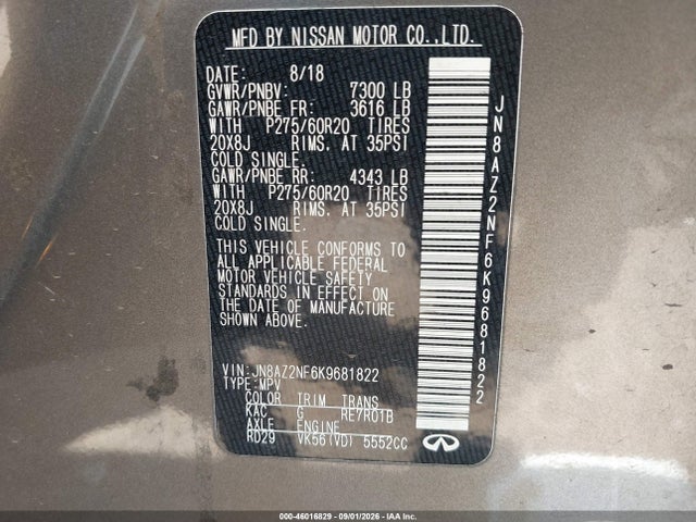 46016829 :رقم المزاد ، JN8AZ2NF6K9681822 vin ، 2019 Infiniti Qx80 Luxe مزاد بيع