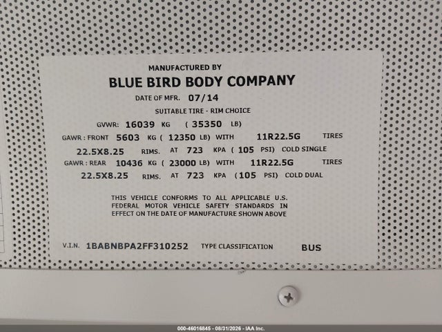 Aukcja sprzedaży 2015 Blue Bird School Bus / Transit Bus, vin: 1BABNBPA2FF310252, numer aukcji: 46016845