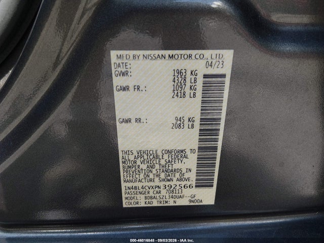Aukcja sprzedaży 2023 Nissan Altima Sr Fwd, vin: 1N4BL4CVXPN392566, numer aukcji: 46016848