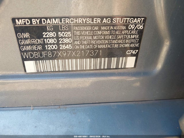 2007 Mercedes-benz E 350 4matic მანქანა იყიდება აუქციონზე, vin: WDBUF87X97X217371, აუქციონის ნომერი: 46016861
