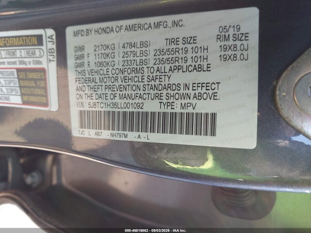 46016862 :رقم المزاد ، 5J8TC1H35LL001092 vin ، 2020 Acura Rdx Standard مزاد بيع