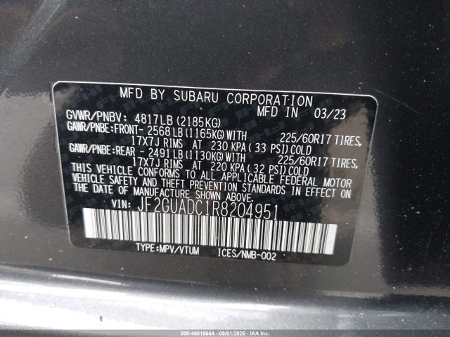 2024 Subaru Crosstrek Premium მანქანა იყიდება აუქციონზე, vin: JF2GUADC1R8204951, აუქციონის ნომერი: 46016864