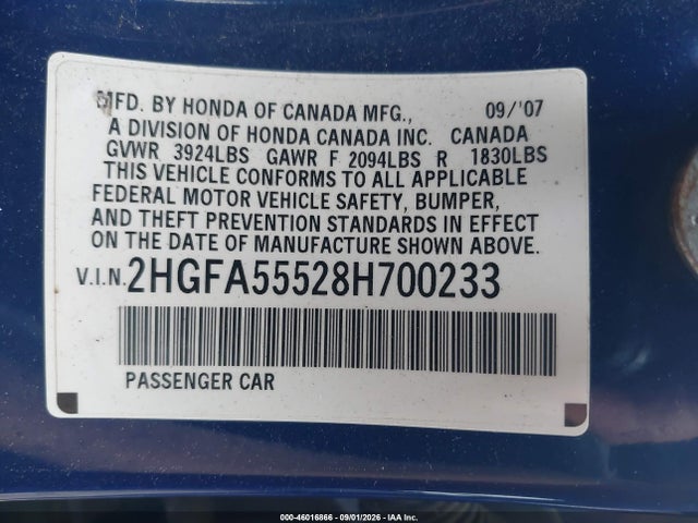 2008 Honda Civic Si/si Mugen მანქანა იყიდება აუქციონზე, vin: 2HGFA55528H700233, აუქციონის ნომერი: 46016866