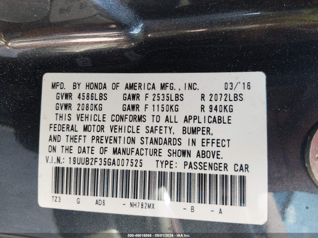 2016 Acura Tlx V6 მანქანა იყიდება აუქციონზე, vin: 19UUB2F35GA007525, აუქციონის ნომერი: 46016868