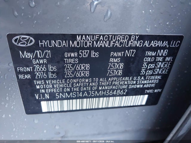46016871 :رقم المزاد ، 5NMS14AJ5MH364862 vin ، 2021 Hyundai Santa Fe Se مزاد بيع