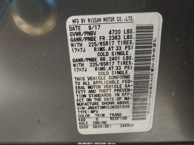 2018 Nissan Rogue Sv მანქანა იყიდება აუქციონზე, vin: JN8AT2MV2JW301028, აუქციონის ნომერი: 46016878
